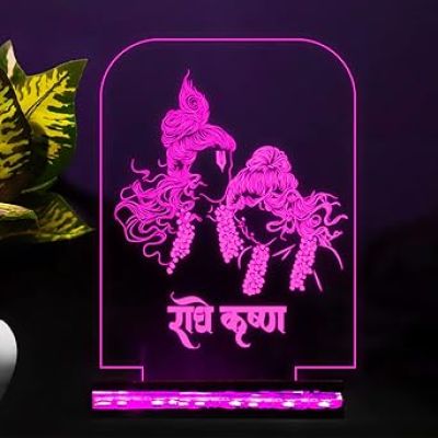 3D Illusion Radha Krishna Hindi Text Led Night Lamp 16 Color Changing Light with Remote Control Home Office Pooja Room Decor