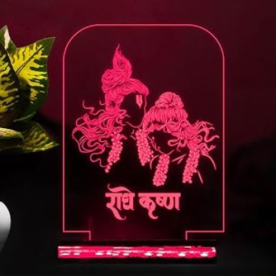 3D Illusion Radha Krishna Hindi Text Led Night Lamp 16 Color Changing Light with Remote Control Home Office Pooja Room Decor