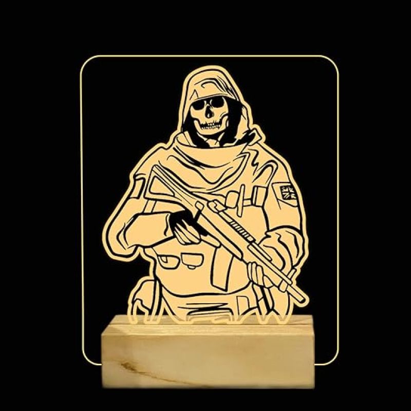 3D Illusion Call of Duty Ghost Night Lamp with Warm white Color Gift for Game Lover Wooden Base La,mp