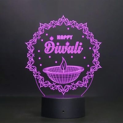 3D Illusion Diwali Diya Acrylic Led Night lamp 16 Color Changing Light with Remote Control Home Decoration Light Circle Base