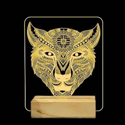 3D Illusion Lion Night Light with Warm White Color Gifts for Kids Room Decor or Bedside Lamp Wooden Base