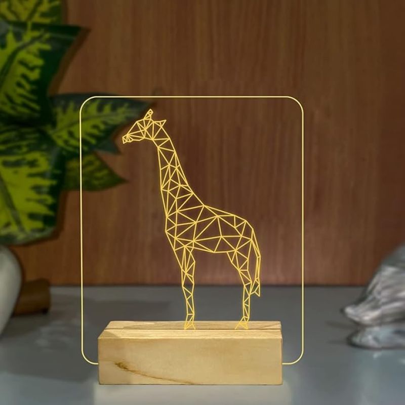 3D Illusion Giraffe Night Lamp with Warm White Color Gift for Kids Birthday Wooden Base Lamp