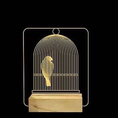 3D Illusion Bird cage Night lamp with Warm White Color Home Office Decor Light Wooden Base