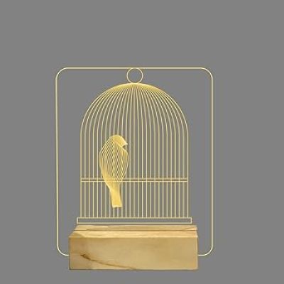 3D Illusion Bird cage Night lamp with Warm White Color Home Office Decor Light Wooden Base