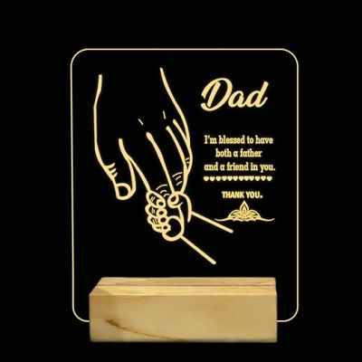 3D Illusion Dad Acrylic Led Night Lamp with Warm White Color Fathers Day Gift Birthday Gift for Dad Wooden Base