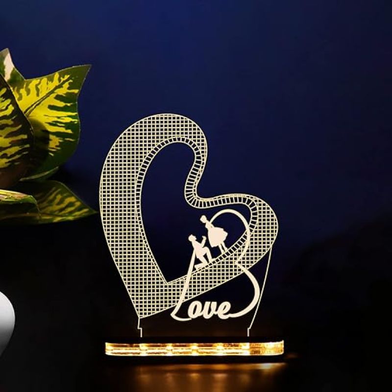 3D Illusion Love Text in Heart Shape Led Night Lamp with Warm White Color Gift for Anniversary, Valentine