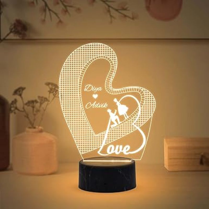 3D Illusion Love Text in Heart Night Lamp with Warm White Color Customized with Name Wedding Marriage Anniversary Valentine Day Propose Gift for Couple