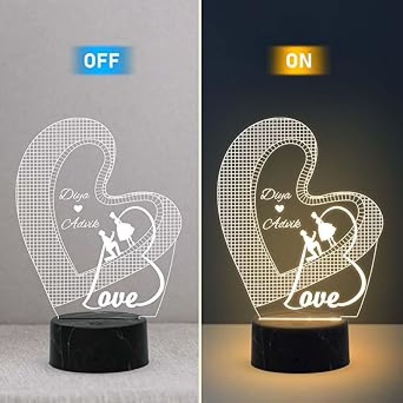 3D Illusion Love Text in Heart Night Lamp with Warm White Color Customized with Name Wedding Marriage Anniversary Valentine Day Propose Gift for Couple