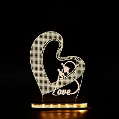 3D Illusion Love Text in Heart Shape Led Night Lamp with Warm White Color Gift for Anniversary, Valentine