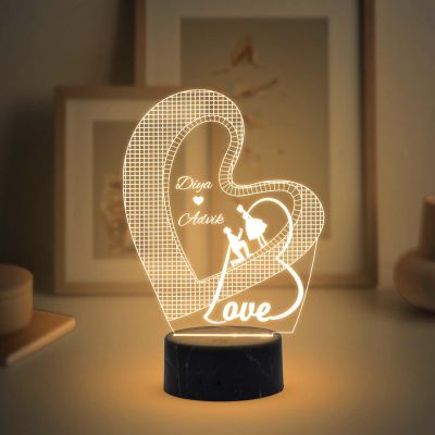 3D Illusion Love Text in Heart Night Lamp with Warm White Color Customized with Name Wedding Marriage Anniversary Valentine Day Propose Gift for Couple
