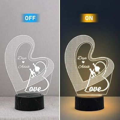 3D Illusion Love Text in Heart Night Lamp with Warm White Color Customized with Name Wedding Marriage Anniversary Valentine Day Propose Gift for Couple