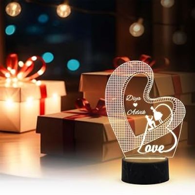 3D Illusion Love Text in Heart Night Lamp with Warm White Color Customized with Name Wedding Marriage Anniversary Valentine Day Propose Gift for Couple