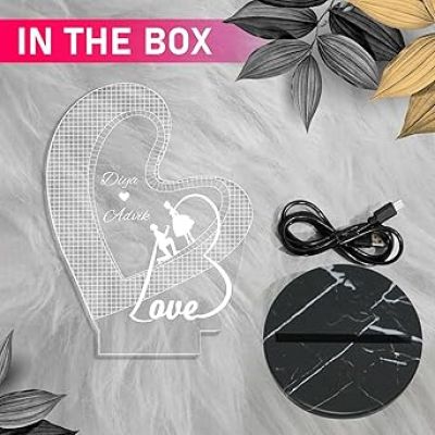 3D Illusion Love Text in Heart Night Lamp with Warm White Color Customized with Name Wedding Marriage Anniversary Valentine Day Propose Gift for Couple