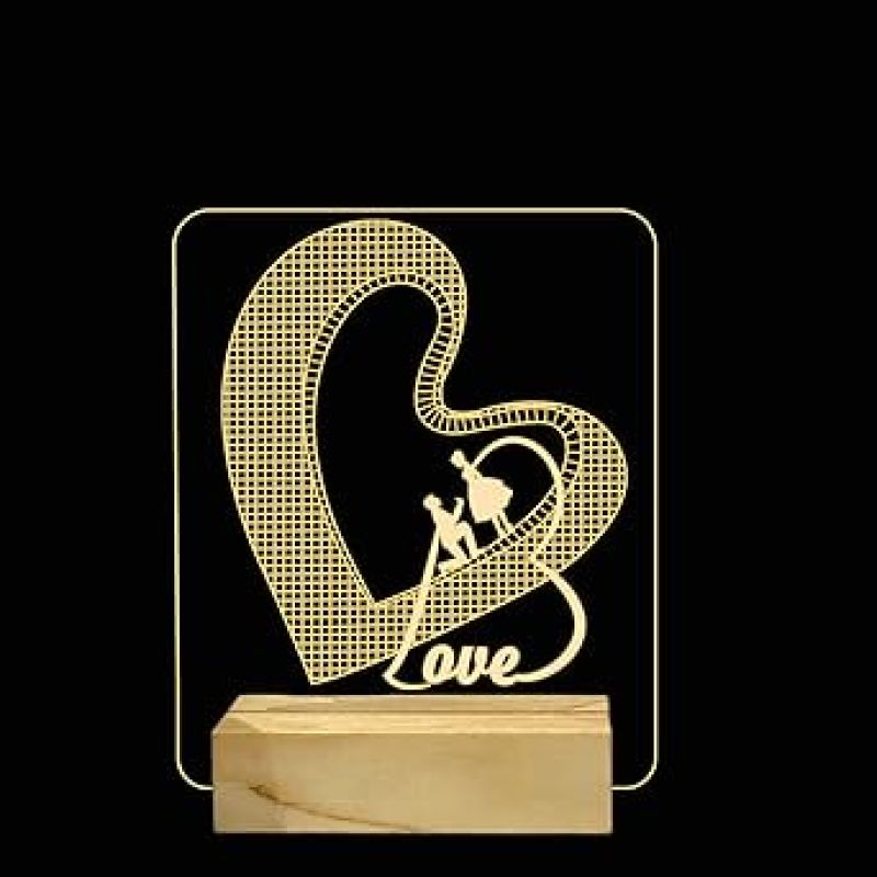 3D Illusion Love Text in Heart Shape Night Lamp with Warm White Color Gift for Anniversary, Valentine Wooden Base