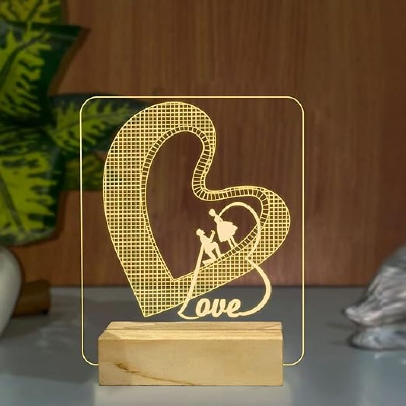 3D Illusion Love Text in Heart Shape Night Lamp with Warm White Color Gift for Anniversary, Valentine Wooden Base