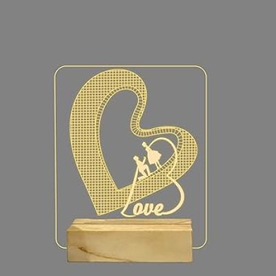 3D Illusion Love Text in Heart Shape Night Lamp with Warm White Color Gift for Anniversary, Valentine Wooden Base