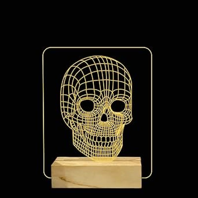 3D Illusion Skull Led Night Lamp with Warm White Color Home Decor Wooden Base