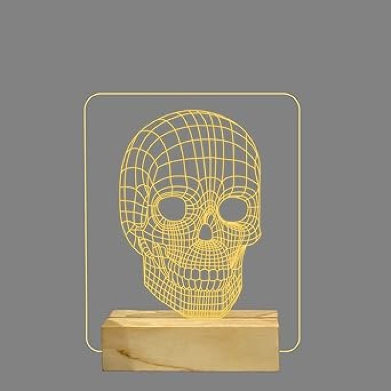 3D Illusion Skull Led Night Lamp with Warm White Color Home Decor Wooden Base