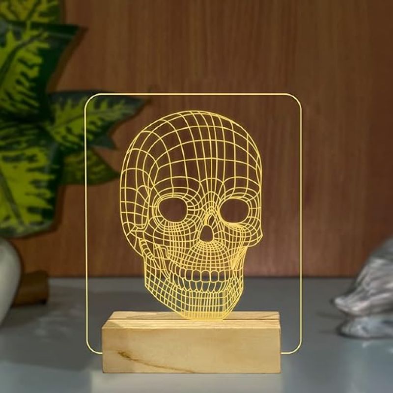 3D Illusion Skull Led Night Lamp with Warm White Color Home Decor Wooden Base