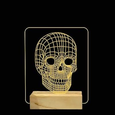 3D Illusion Skull Led Night Lamp with Warm White Color Home Decor Wooden Base