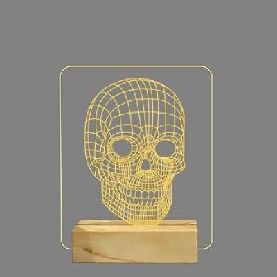 3D Illusion Skull Led Night Lamp with Warm White Color Home Decor Wooden Base
