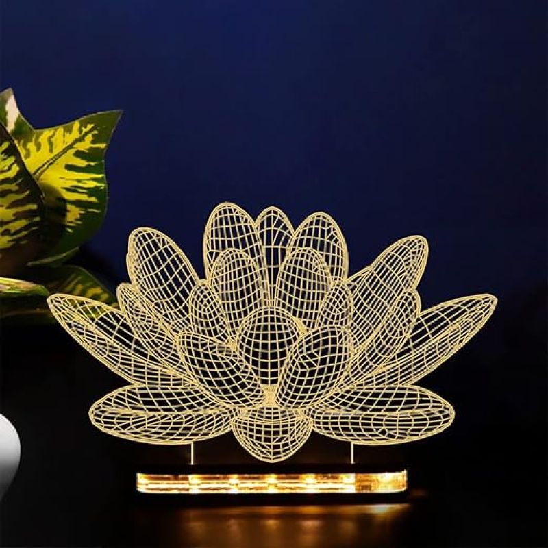 3D Illusion Lotus Flower Led Night Lamp with Warm White Color Home Decor Light