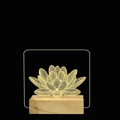 3D Illusion Lotus Flower Night Lamp with Warm White Color Home Decor Light Wooden Base