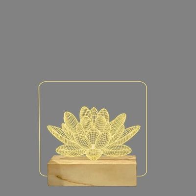 3D Illusion Lotus Flower Night Lamp with Warm White Color Home Decor Light Wooden Base