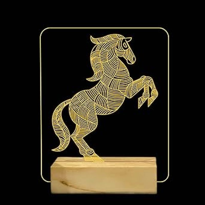 3D Illusion Horse Night Lamp with Warm White Color Gifts for Child Baby Boy and Girl Wooden Base