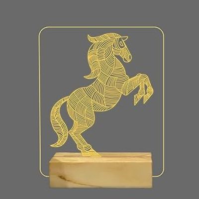 3D Illusion Horse Night Lamp with Warm White Color Gifts for Child Baby Boy and Girl Wooden Base