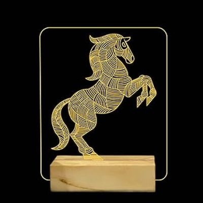 3D Illusion Horse Night Lamp with Warm White Color Gifts for Child Baby Boy and Girl Wooden Base