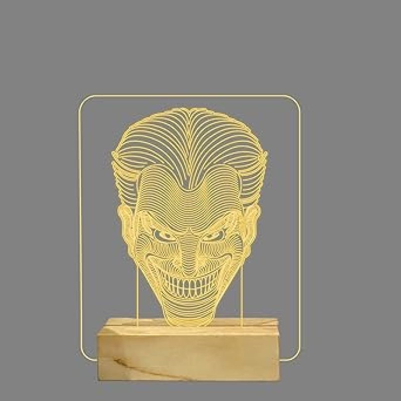 3D Illusion Joker Night Lamp with Warm White Color Gift for kids, Boys Wooden Base