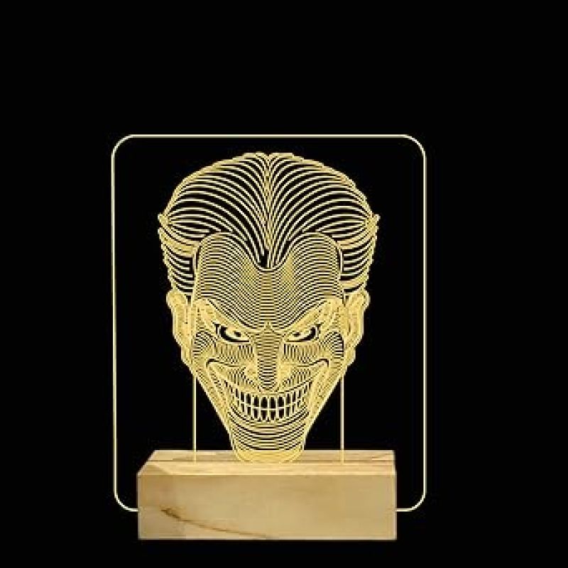 3D Illusion Joker Night Lamp with Warm White Color Gift for kids, Boys Wooden Base