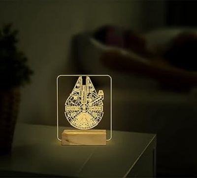 3D Illusion Star Wars Millennlum Falcon Night Lamp with Warm White Color Gift For kids Wooden Base