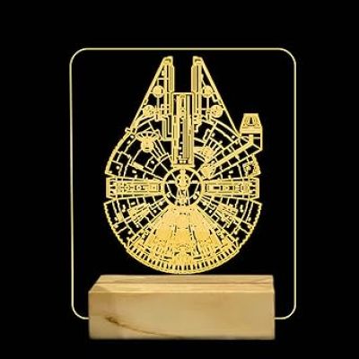 3D Illusion Star Wars Millennlum Falcon Night Lamp with Warm White Color Gift For kids Wooden Base