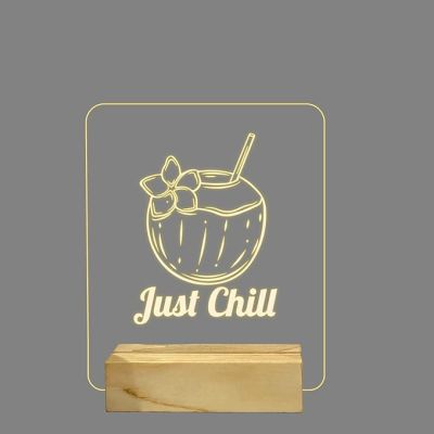 3D Illusion Just Chill Coconut Night Lamp with Warm White Color Home Decor Wooden Base