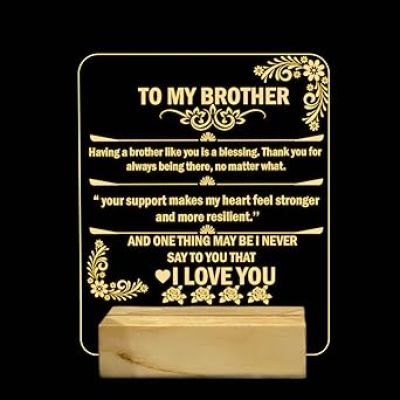 To My Brother English Quote Engraved Night Lamp with Warm White Color Raksha Bandhan Gift for Brother Wooden Base