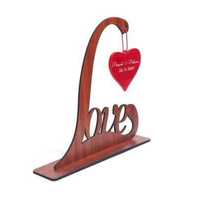 Wooden Tabletop with Love & Heart Design Engraved Couple Name and Date Gift for Wedding Anniversary Valentine