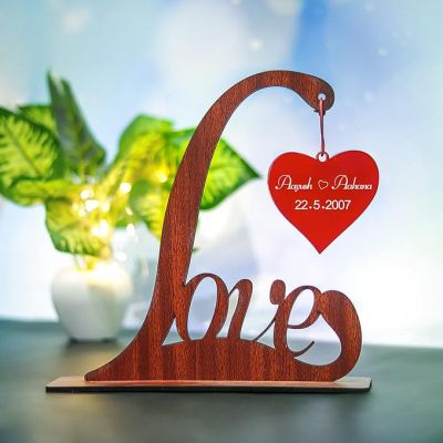 Wooden Tabletop with Love & Heart Design Engraved Couple Name and Date Gift for Wedding Anniversary Valentine