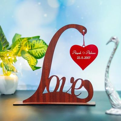 Wooden Tabletop with Love & Heart Design Engraved Couple Name and Date Gift for Wedding Anniversary Valentine