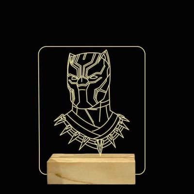 3D Illusion Black Panther Night lamp with Warm White Color Gift For Avengers Lover Wooden Base