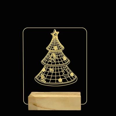 3D Illusion Christmas Tree Night lamp with Warm White Color Gift for Christmas Wooden Base