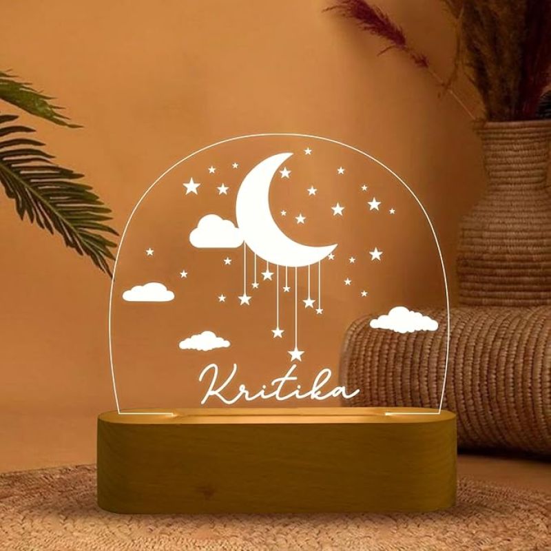 3D Illusion Personalized Name Led Night Lamp with Warm White Color Moon ,Star and Cloud Design  Kids Room Decor Light Gift for Boys Girls Boyfriend Girlfriend