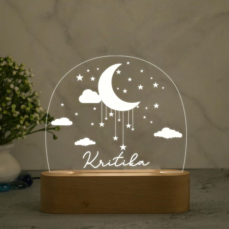 3D Illusion Personalized Name Led Night Lamp with Warm White Color Moon ,Star and Cloud Design  Kids Room Decor Light Gift for Boys Girls Boyfriend Girlfriend