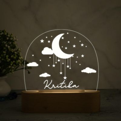 3D Illusion Personalized Name Led Night Lamp with Warm White Color Moon ,Star and Cloud Design  Kids Room Decor Light Gift for Boys Girls Boyfriend Girlfriend