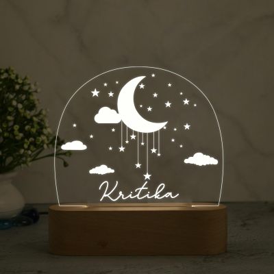 3D Illusion Personalized Name Led Night Lamp with Warm White Color Moon ,Star and Cloud Design  Kids Room Decor Light Gift for Boys Girls Boyfriend Girlfriend