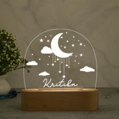 3D Illusion Personalized Name Led Night Lamp with Warm White Color Moon ,Star and Cloud Design  Kids Room Decor Light Gift for Boys Girls Boyfriend Girlfriend