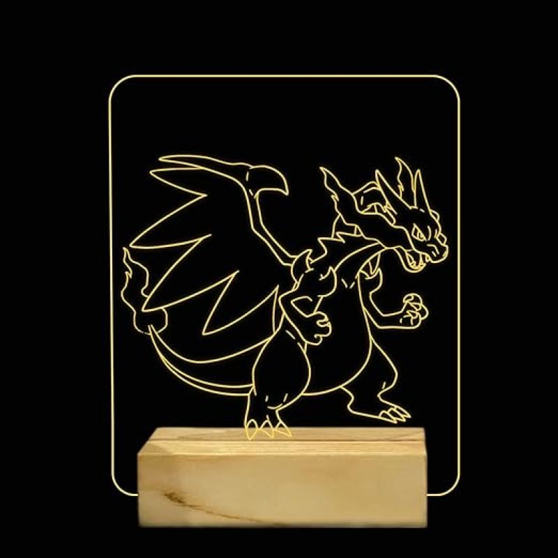 3D Illusion Charizard Ben10 Night lamp with Warm White Color Gift For Kids Wooden Base