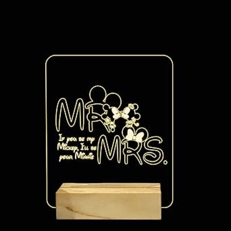 3D Illusion Mr and Mrs Led Night lamp with Warm White Color Gift for Husband Wife Wooden Base