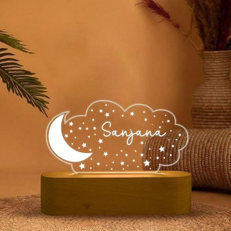 Personalized Name Night Lamp with Warm White Color Moon & Cloud Design Lamp Return and Birthday Gift for Kids, Friends and Room Decor Lamp